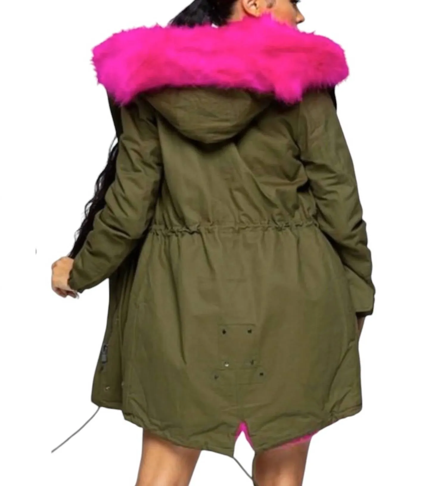 Hooded Coat With Hot Pink Fur In Olive