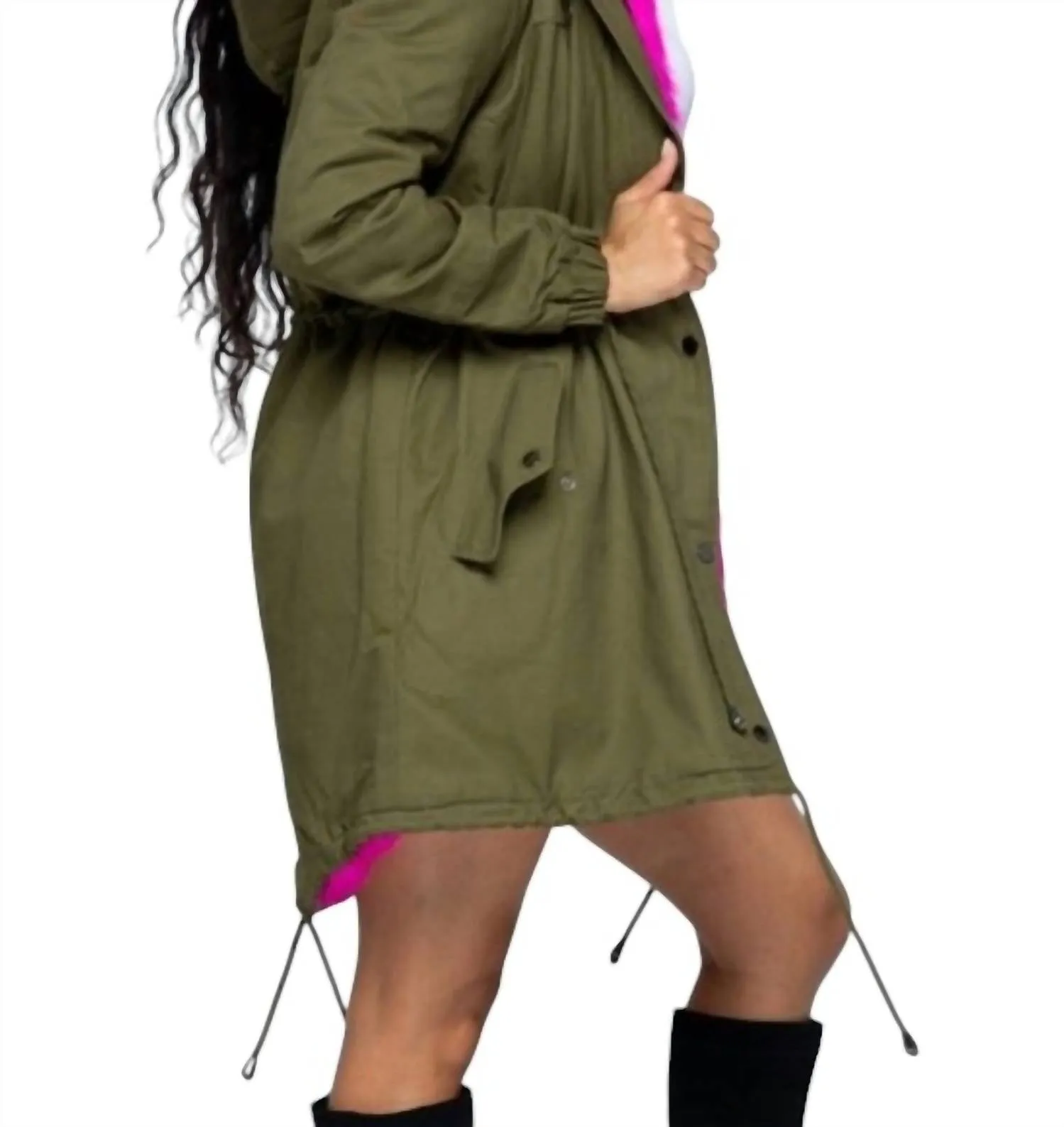 Hooded Coat With Hot Pink Fur In Olive