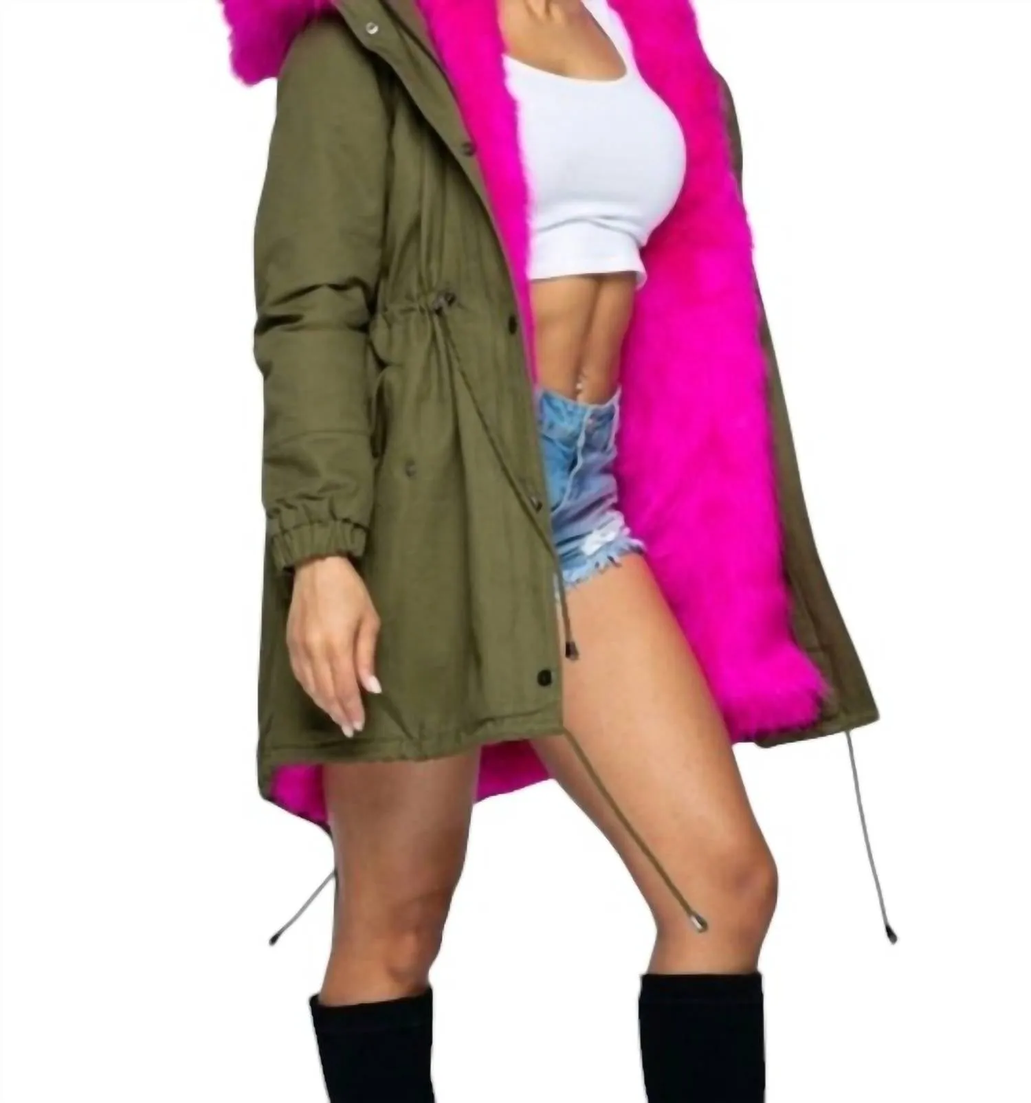 Hooded Coat With Hot Pink Fur In Olive