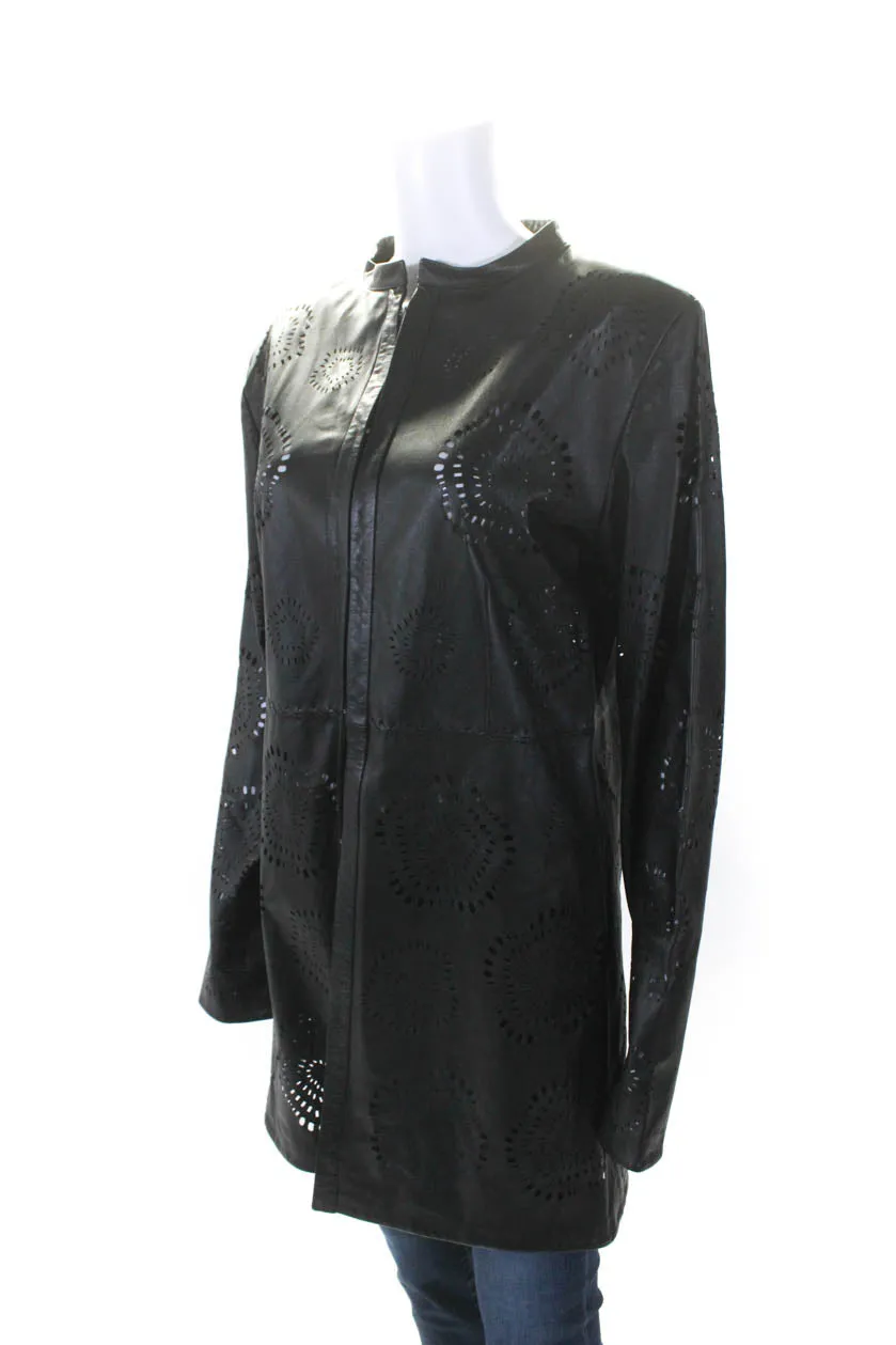 In Transit Womens Laser Cut Long Hook & Eye Leather Jacket Black