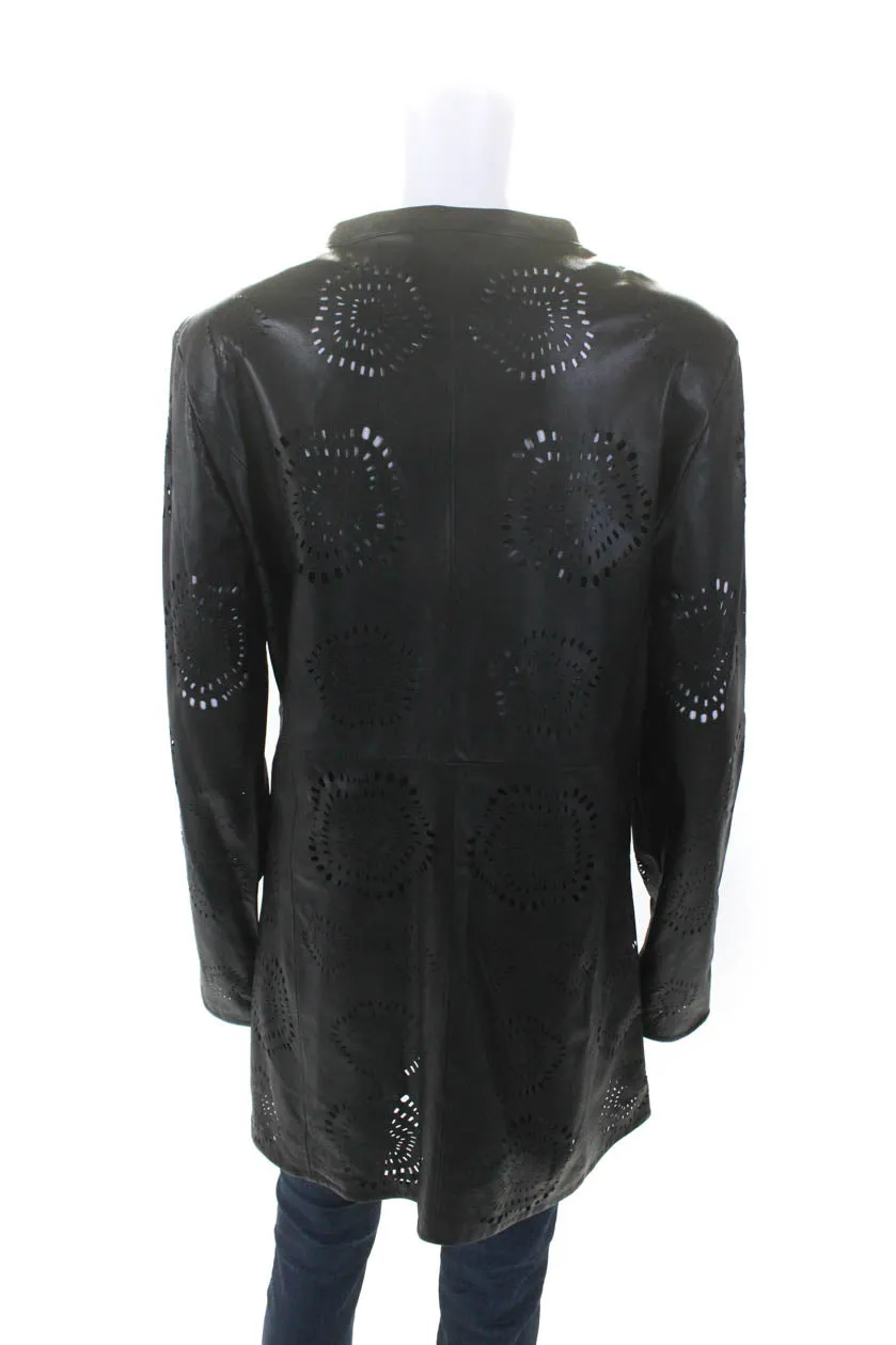 In Transit Womens Laser Cut Long Hook & Eye Leather Jacket Black