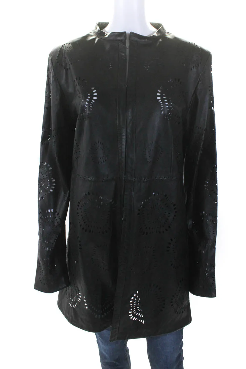 In Transit Womens Laser Cut Long Hook & Eye Leather Jacket Black