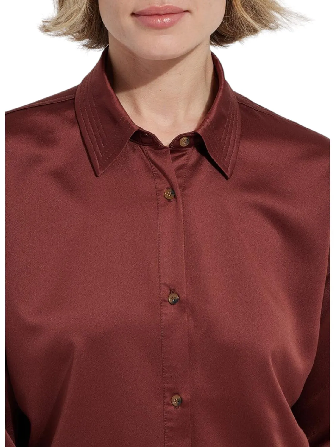 Kristin Stitched Satin Shirt In Auburn