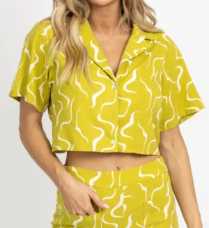 Linen Abstract Open-Back Top In Lime