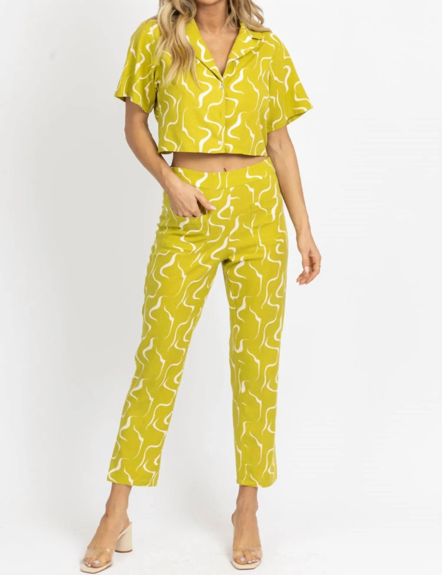 Linen Abstract Open-Back Top In Lime