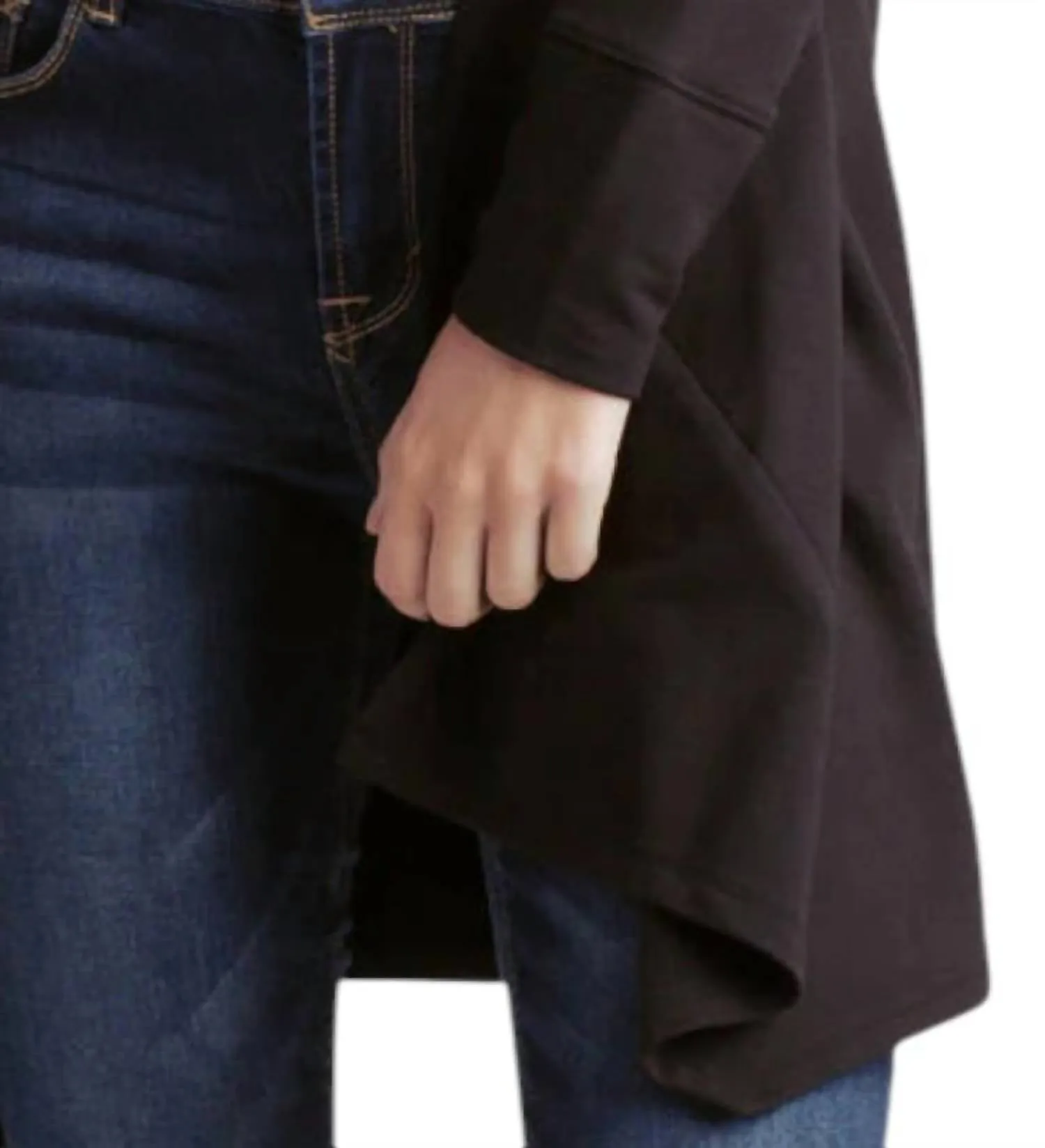 Long Sleeve Draped Fleece Knit Jacket With Pockets In Black