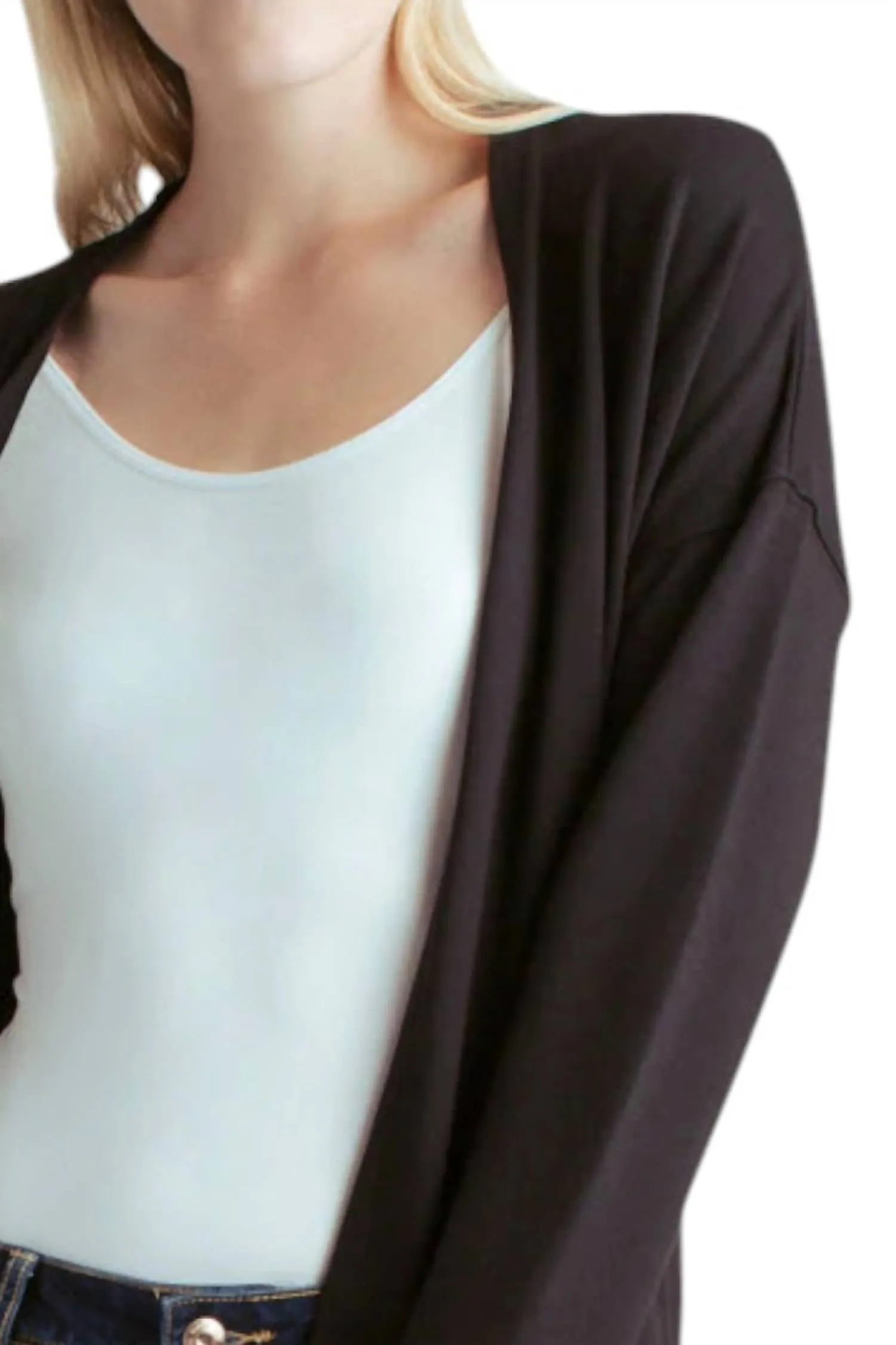 Long Sleeve Draped Fleece Knit Jacket With Pockets In Black