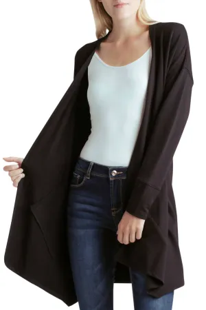Long Sleeve Draped Fleece Knit Jacket With Pockets In Black