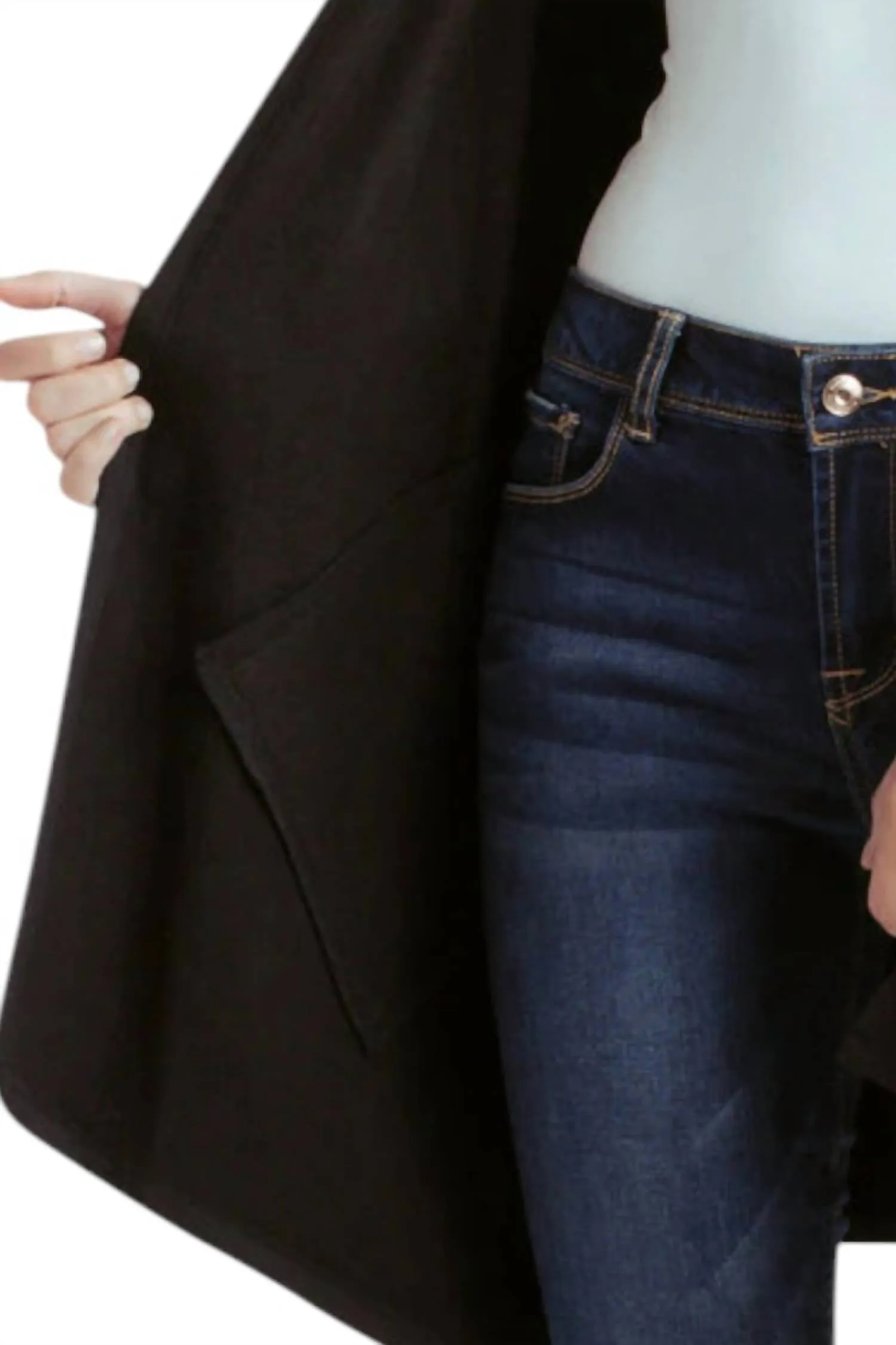 Long Sleeve Draped Fleece Knit Jacket With Pockets In Black