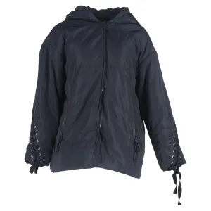 Maje Quilted Braided Lace Detail Hooded Jacket in Navy Blue Polyester