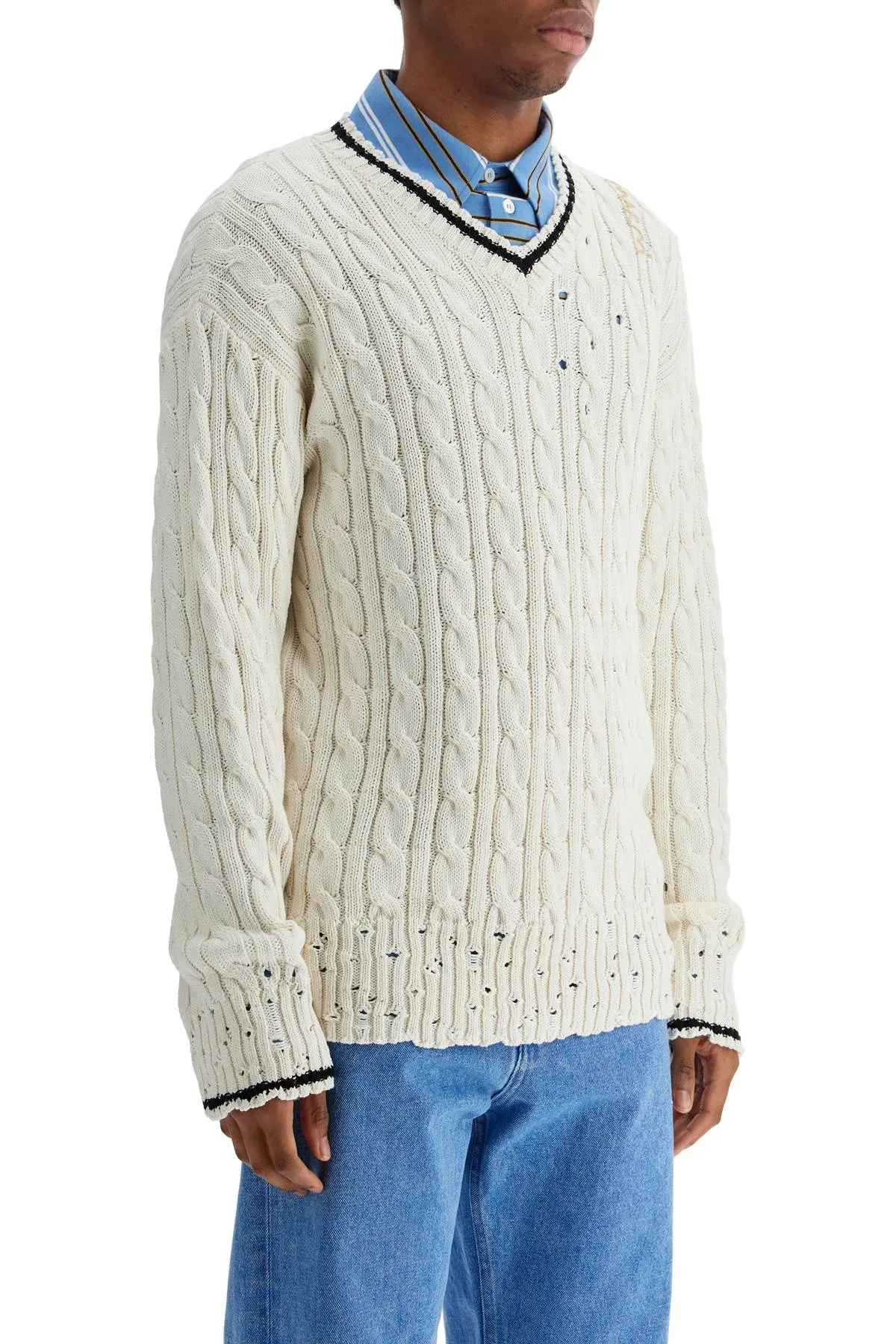 Marni Men's Cotton Sweater With Cable Knit V-Neck