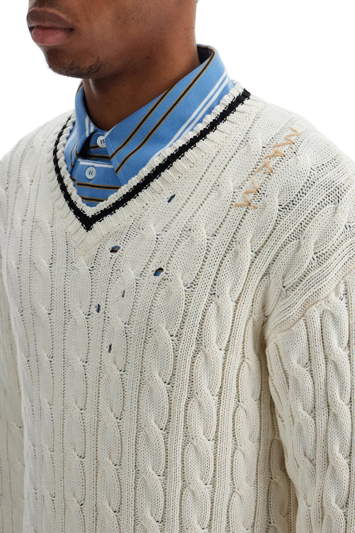 Marni Men's Cotton Sweater With Cable Knit V-Neck