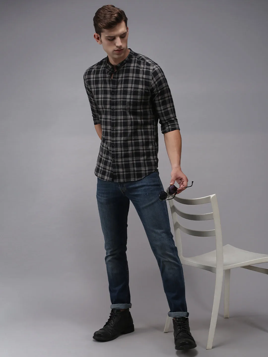 Men Black Classic Tartan Checked Cotton Casual Shirt