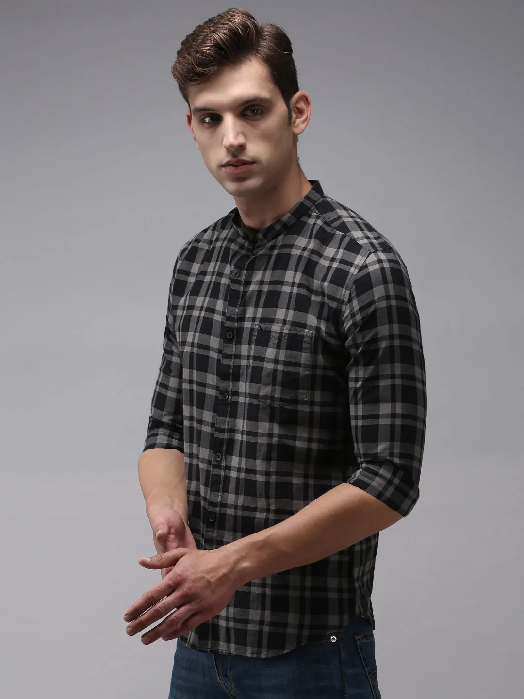 Men Black Classic Tartan Checked Cotton Casual Shirt