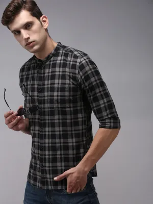 Men Black Classic Tartan Checked Cotton Casual Shirt