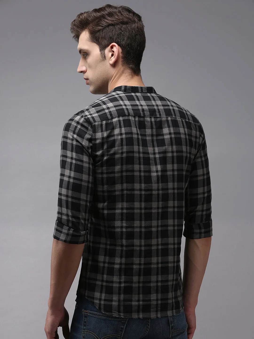 Men Black Classic Tartan Checked Cotton Casual Shirt