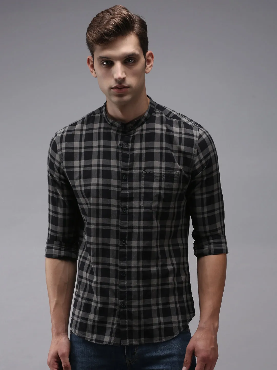 Men Black Classic Tartan Checked Cotton Casual Shirt