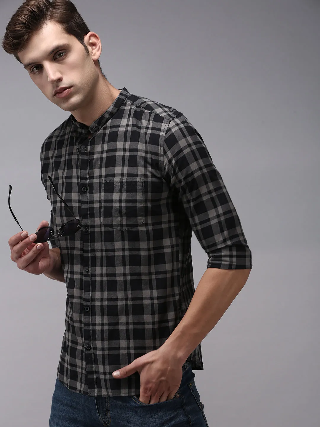 Men Black Classic Tartan Checked Cotton Casual Shirt