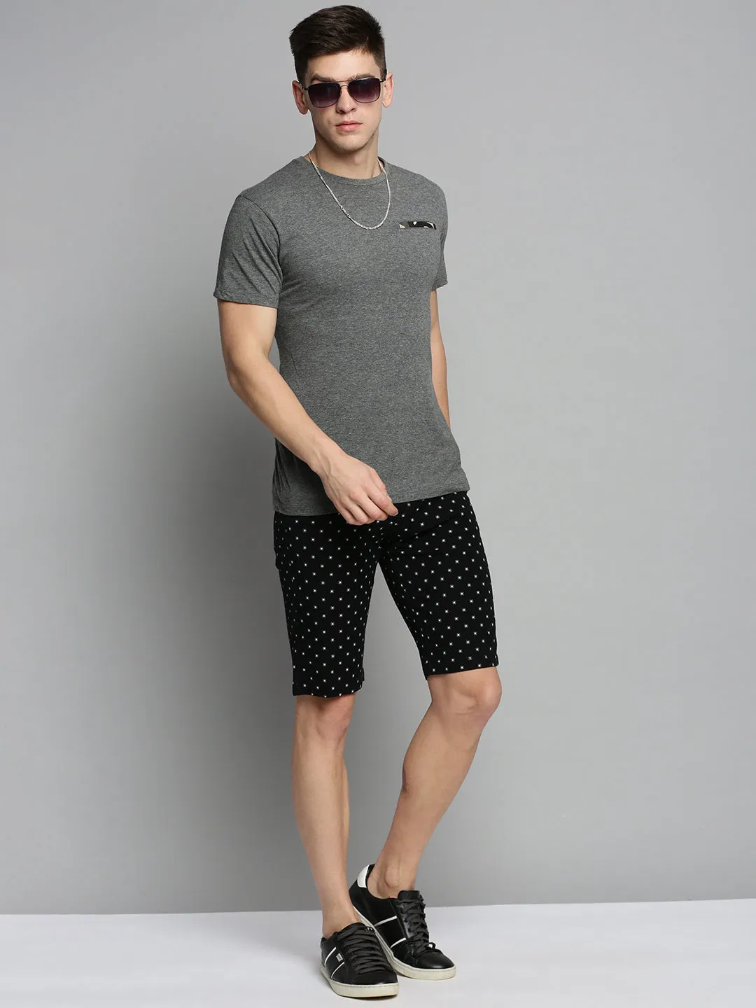 Men Black Printed Cotton Chino Shorts