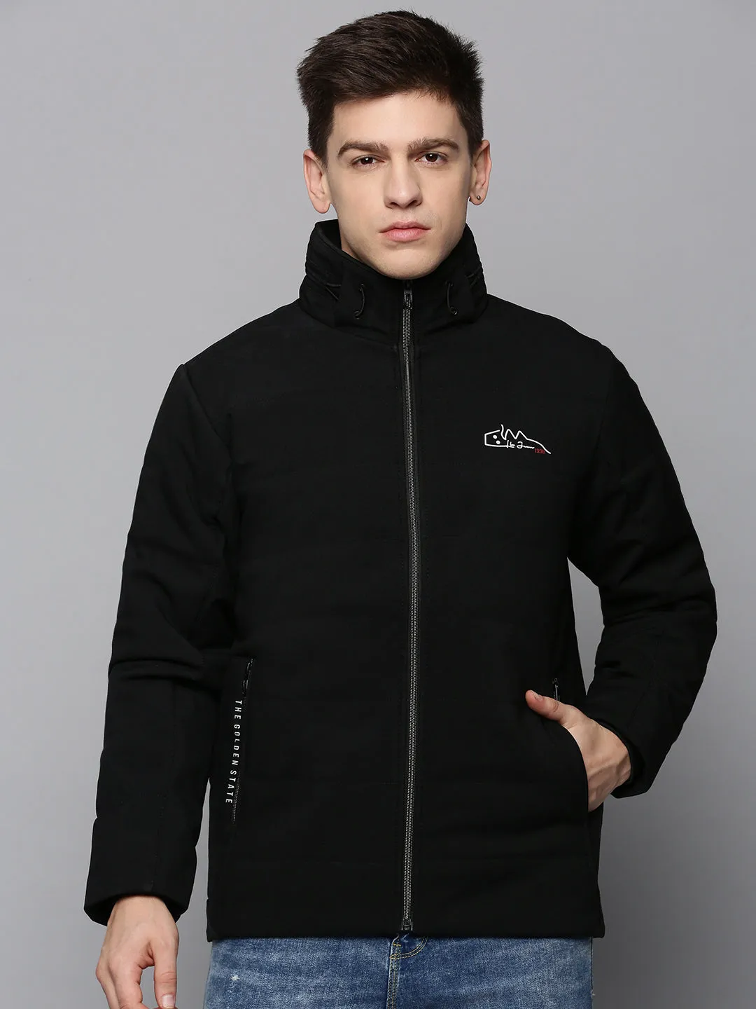 Men Black Stand Collar Puffer Jacket