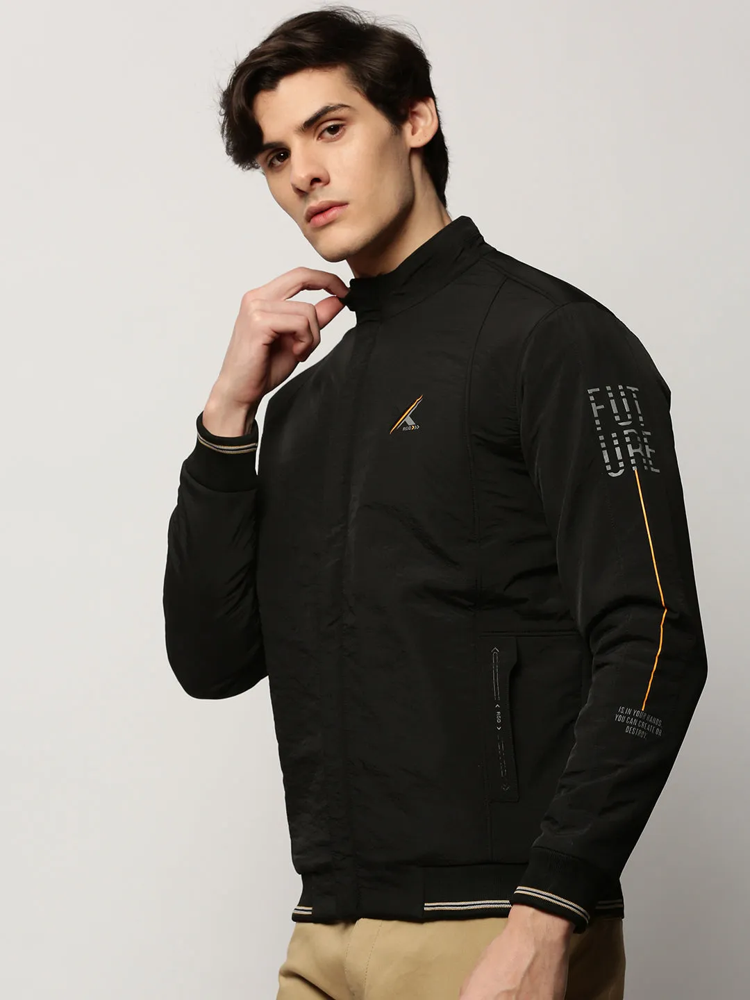 Men Black Typography Printed Mock Collar Bomber Jacket