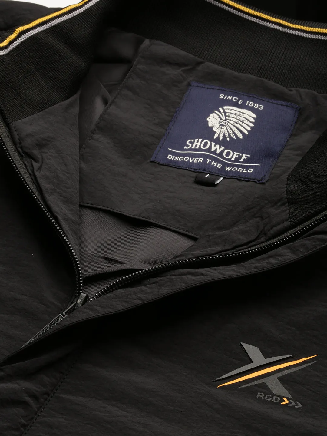 Men Black Typography Printed Mock Collar Bomber Jacket