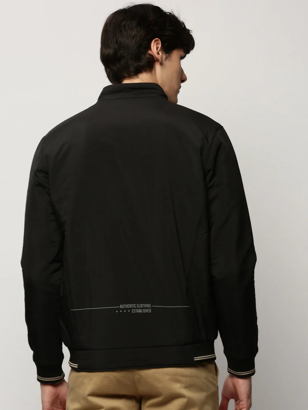 Men Black Typography Printed Mock Collar Bomber Jacket