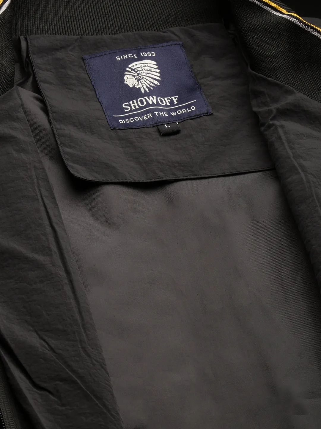Men Black Typography Printed Mock Collar Bomber Jacket
