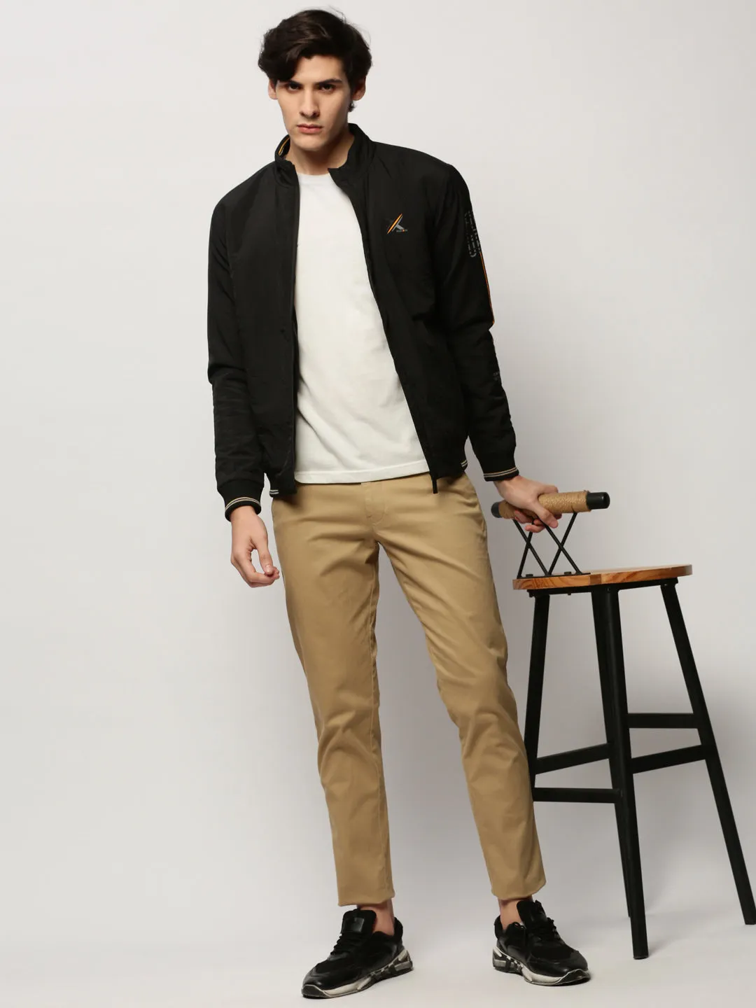 Men Black Typography Printed Mock Collar Bomber Jacket