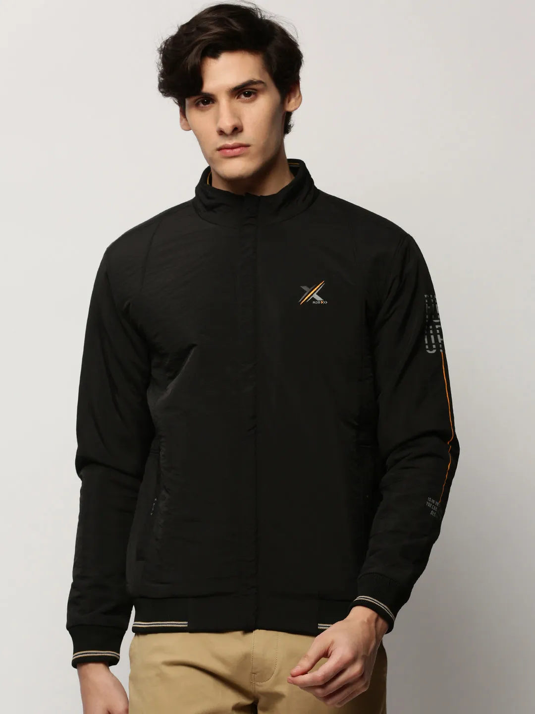 Men Black Typography Printed Mock Collar Bomber Jacket