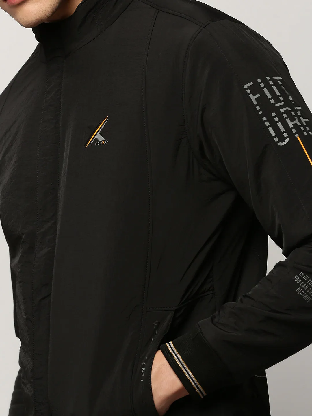 Men Black Typography Printed Mock Collar Bomber Jacket