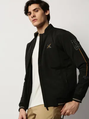 Men Black Typography Printed Mock Collar Bomber Jacket