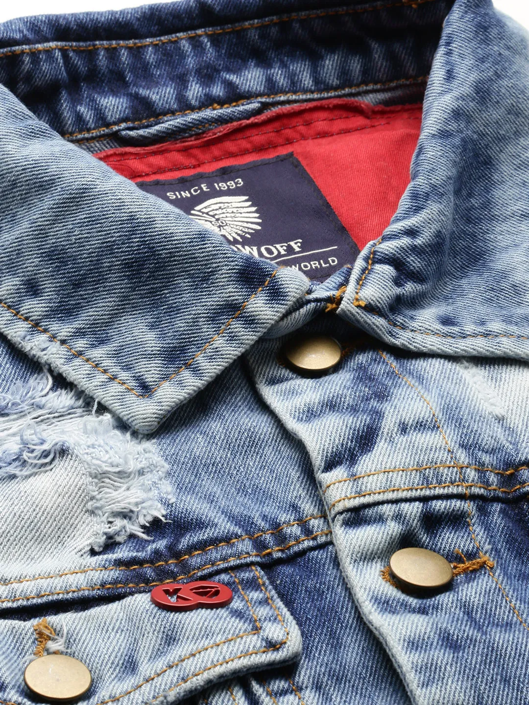 Men Blue Typography Cotton Denim Jacket