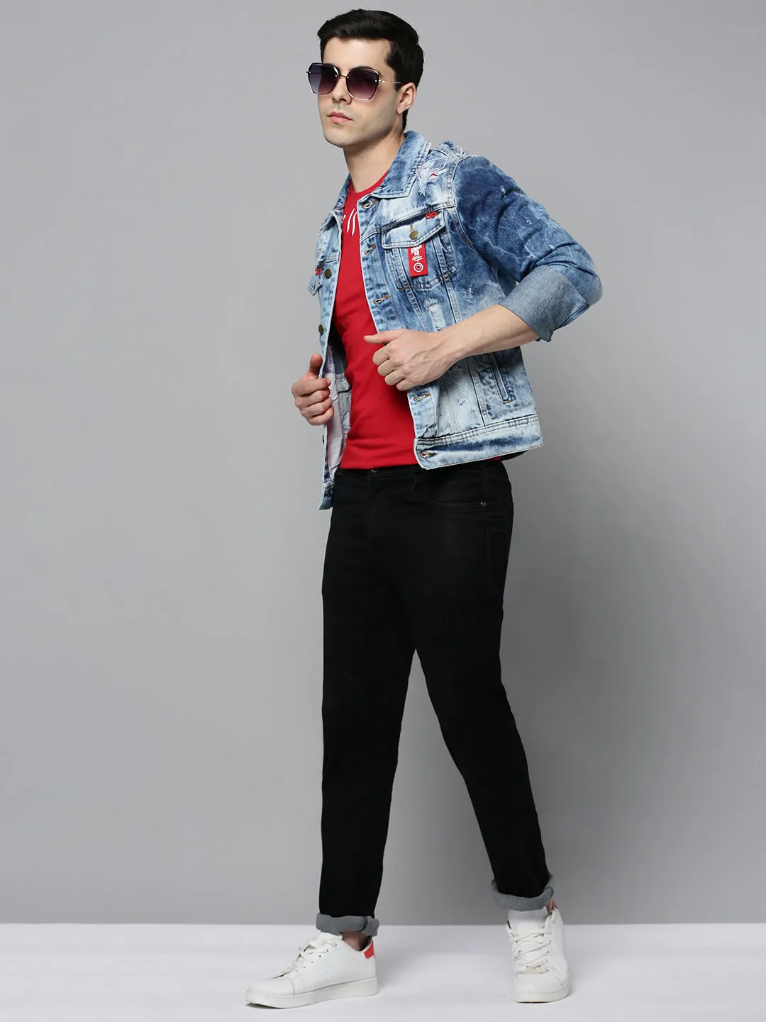Men Blue Typography Cotton Denim Jacket