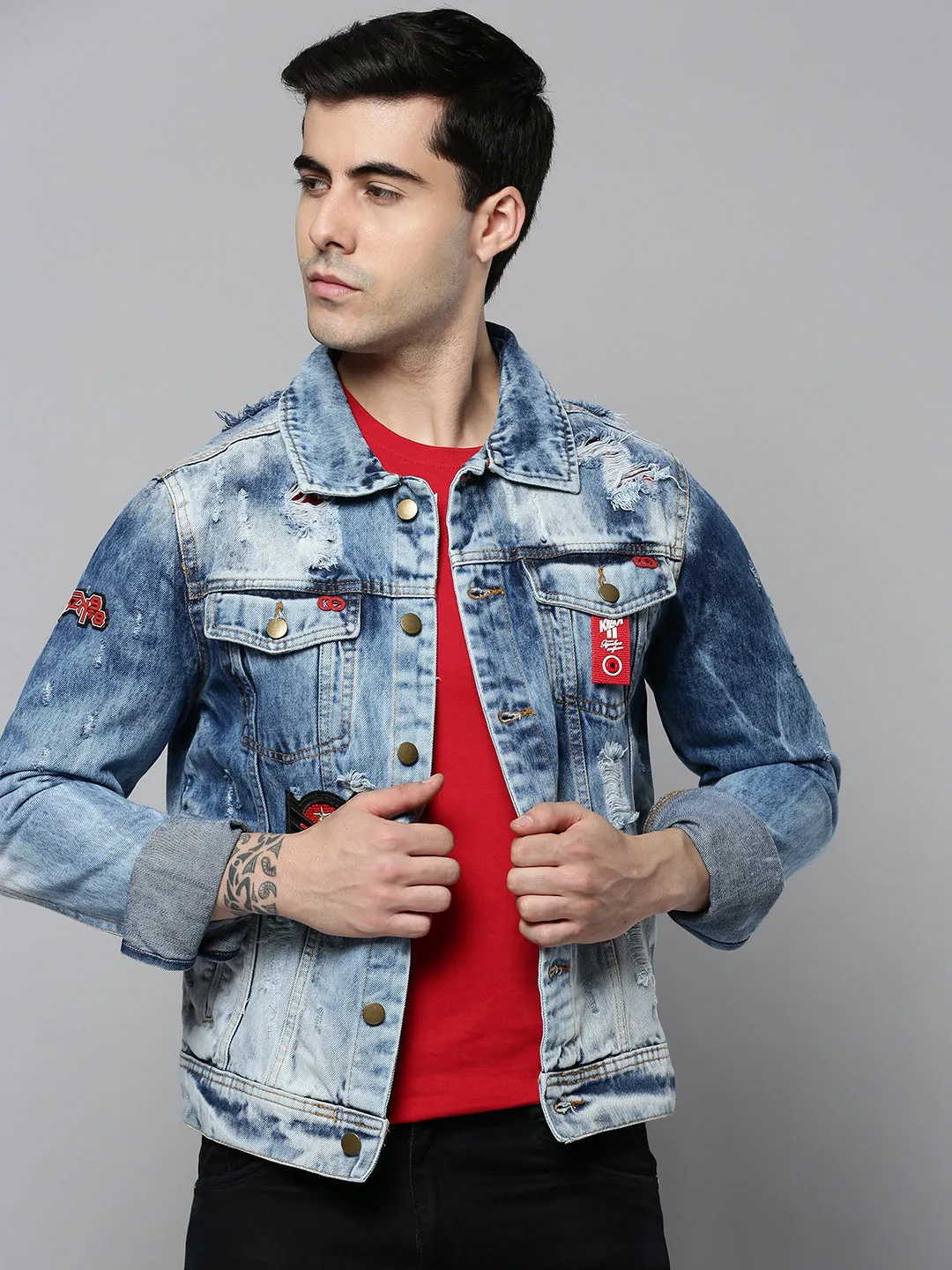 Men Blue Typography Cotton Denim Jacket