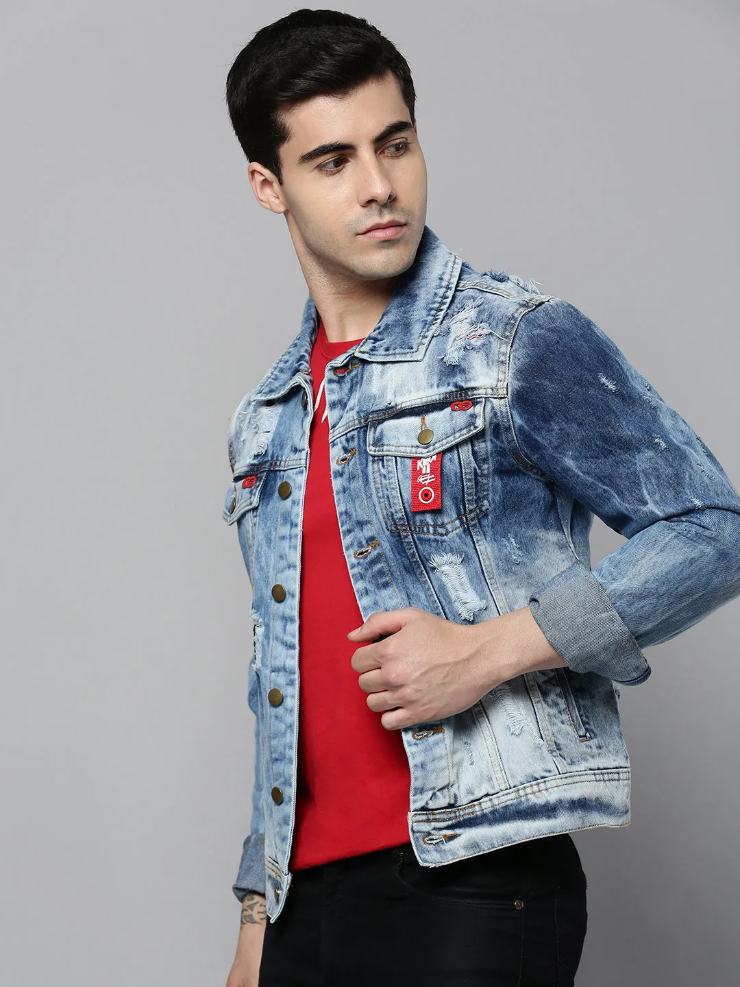 Men Blue Typography Cotton Denim Jacket