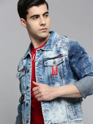 Men Blue Typography Cotton Denim Jacket