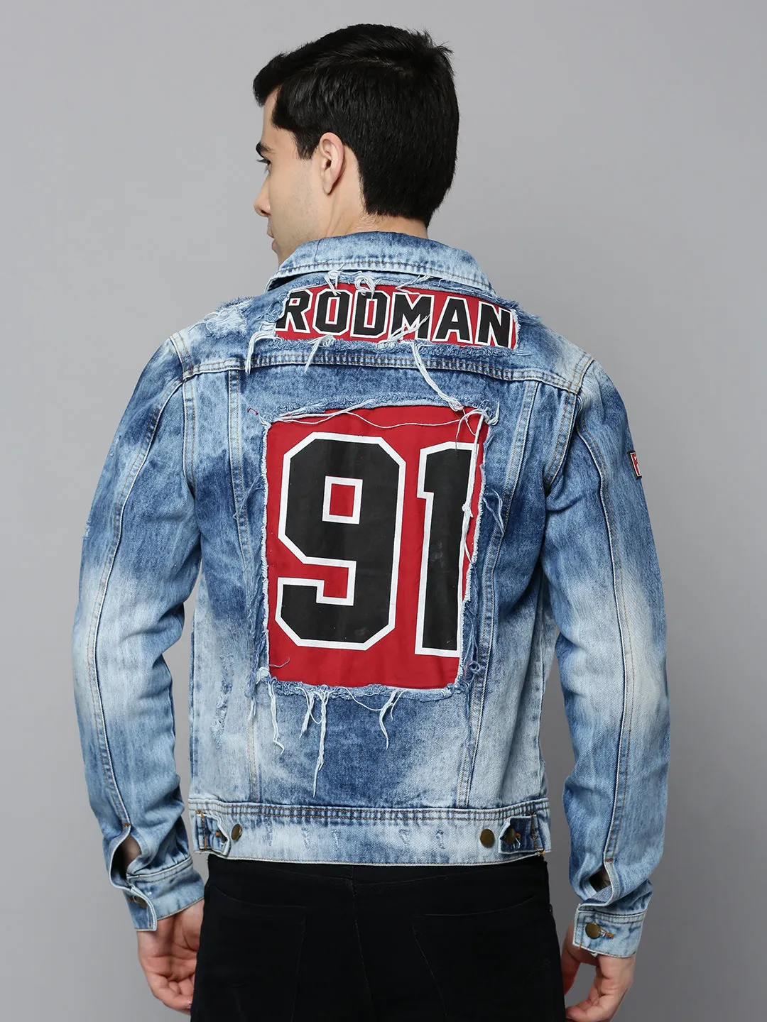 Men Blue Typography Cotton Denim Jacket
