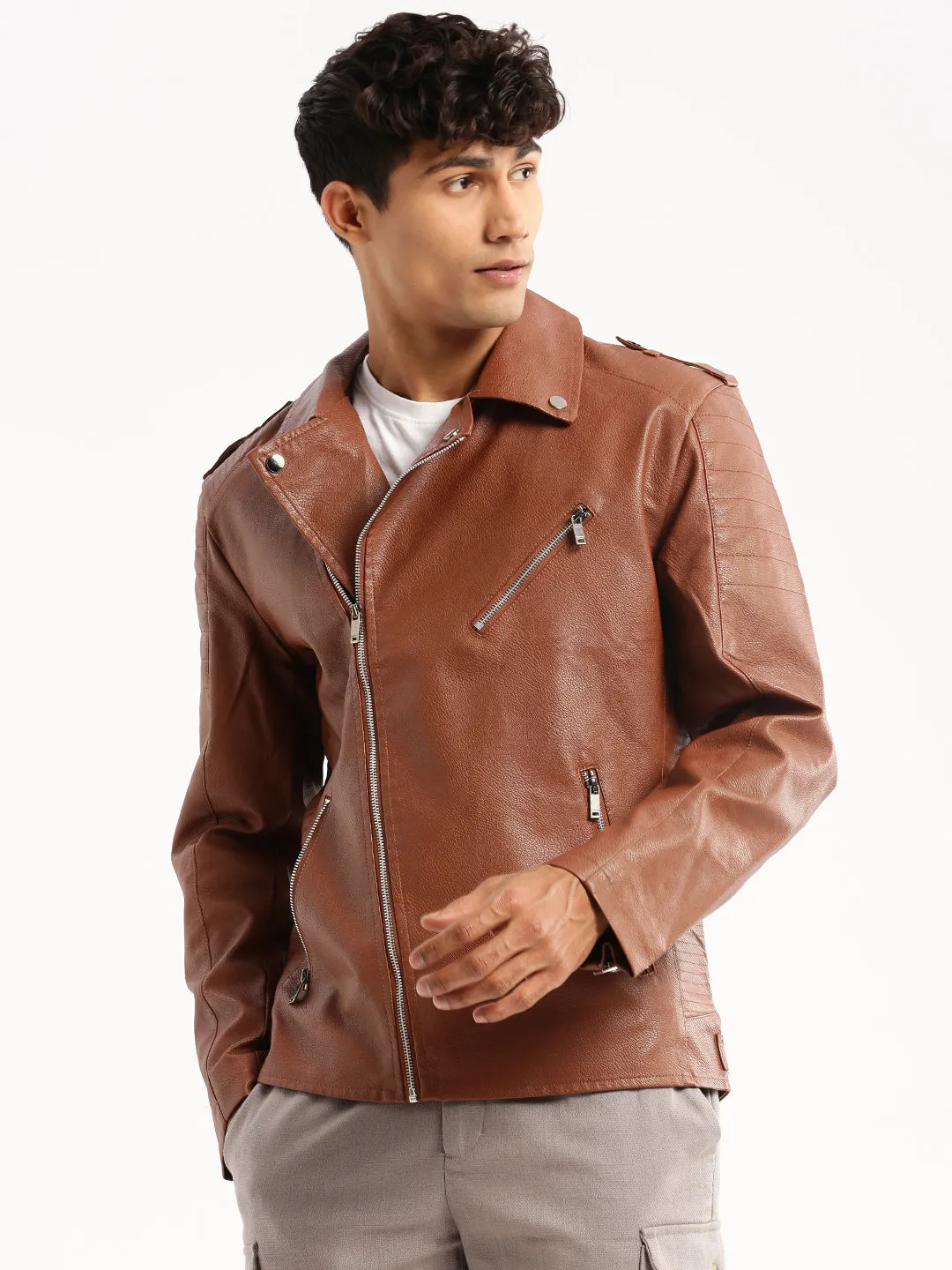 Men Brown Lapel Collar Leather Tailored Jacket
