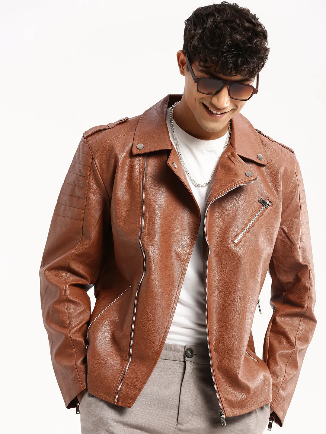Men Brown Lapel Collar Leather Tailored Jacket