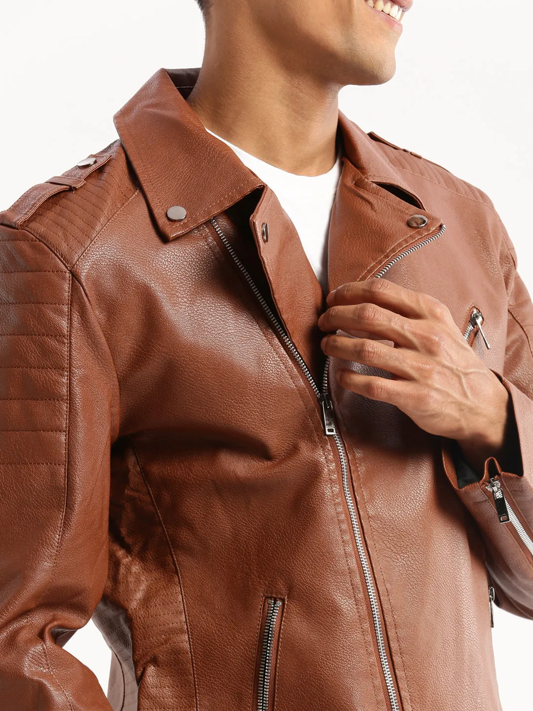 Men Brown Lapel Collar Leather Tailored Jacket