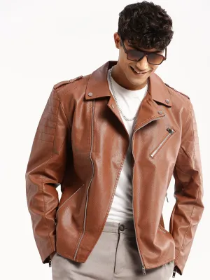 Men Brown Lapel Collar Leather Tailored Jacket