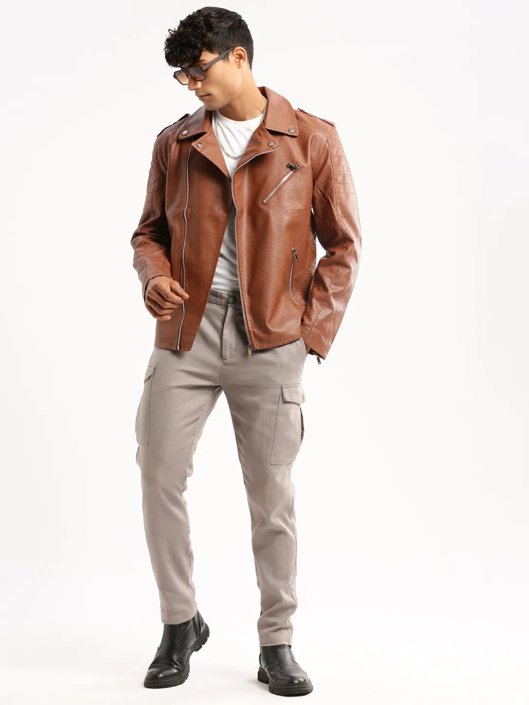 Men Brown Lapel Collar Leather Tailored Jacket