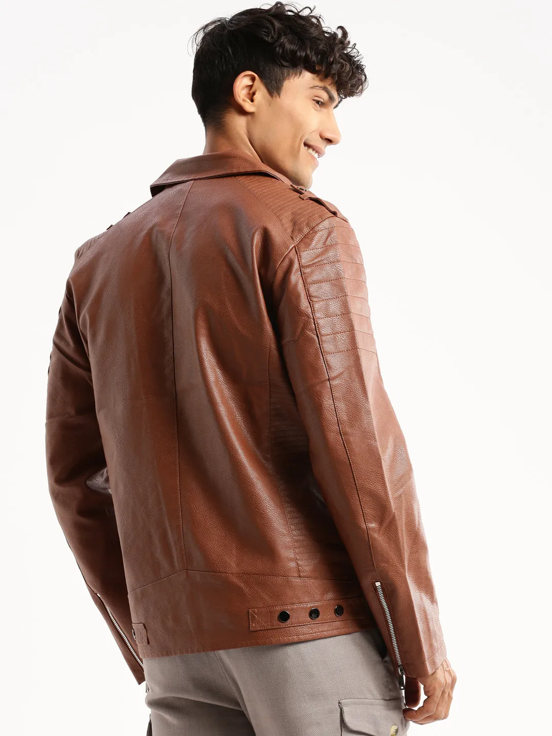 Men Brown Lapel Collar Leather Tailored Jacket