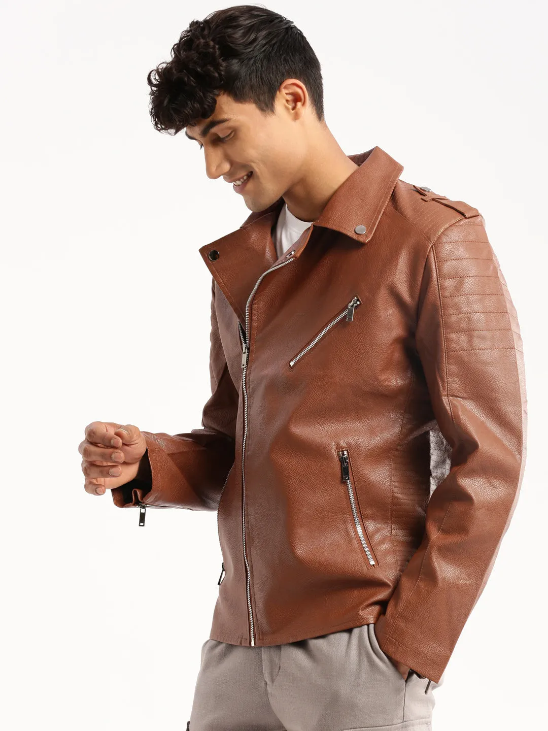 Men Brown Lapel Collar Leather Tailored Jacket