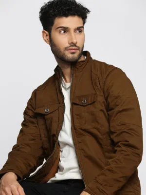 Men Brown Mock Collar Cotton Tailored Jacket