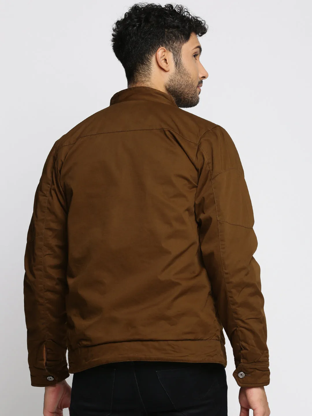 Men Brown Mock Collar Cotton Tailored Jacket