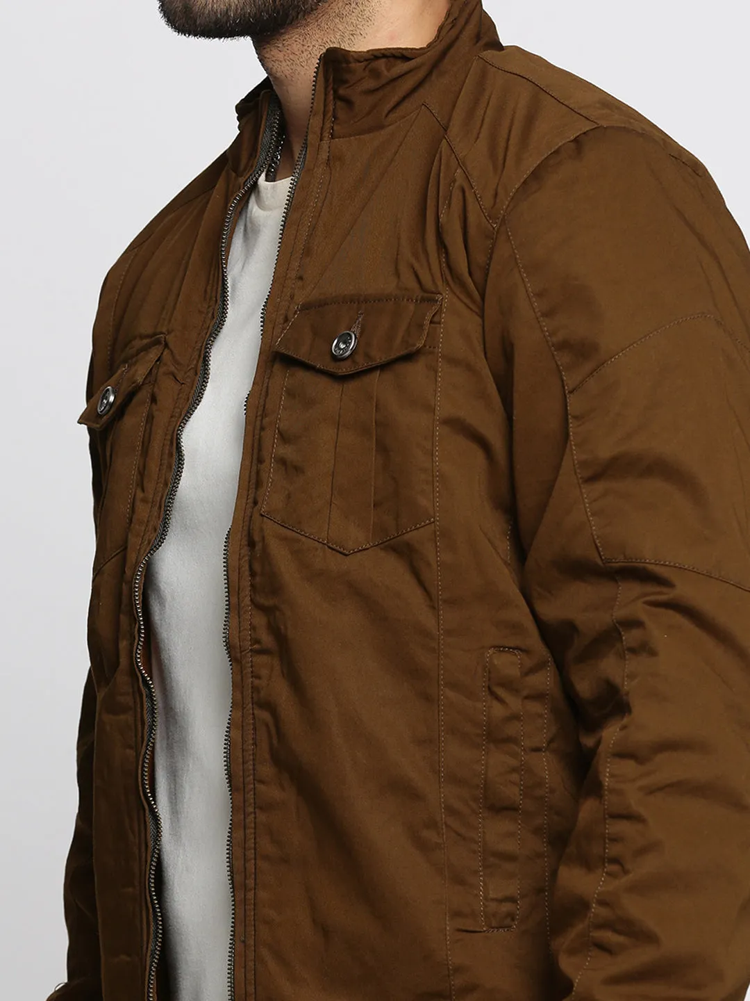 Men Brown Mock Collar Cotton Tailored Jacket