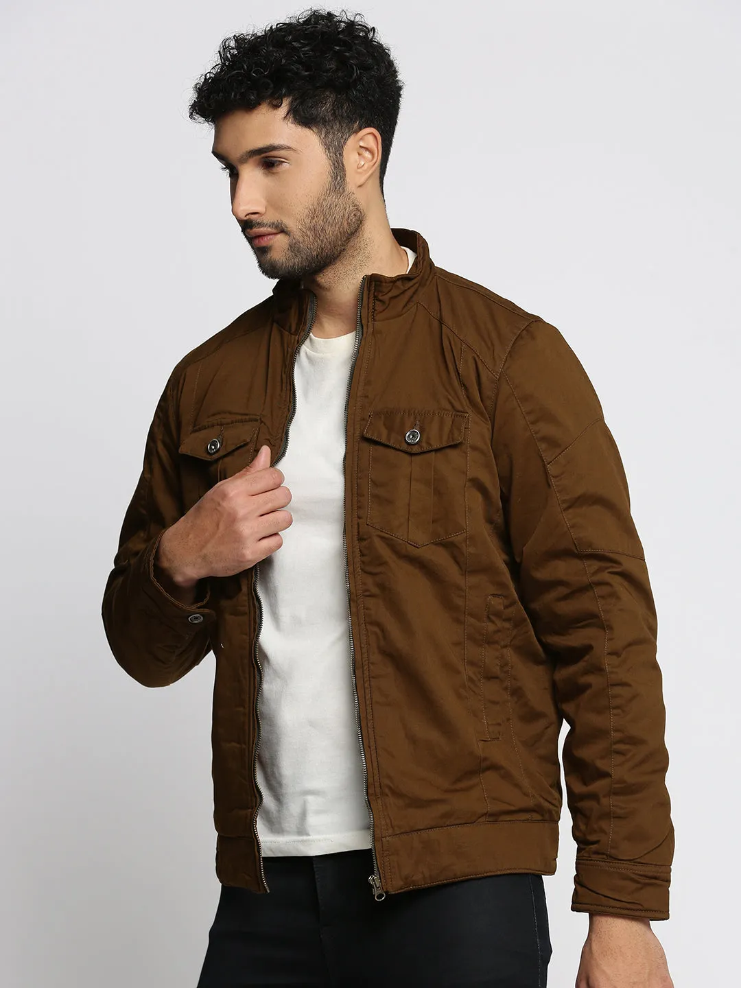 Men Brown Mock Collar Cotton Tailored Jacket