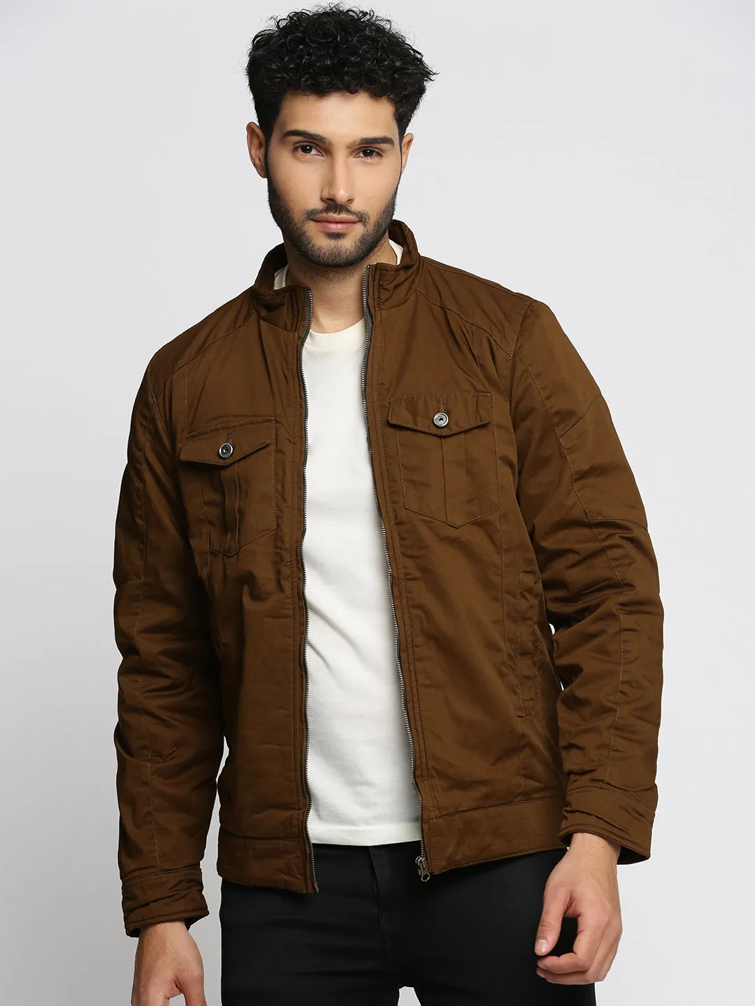 Men Brown Mock Collar Cotton Tailored Jacket